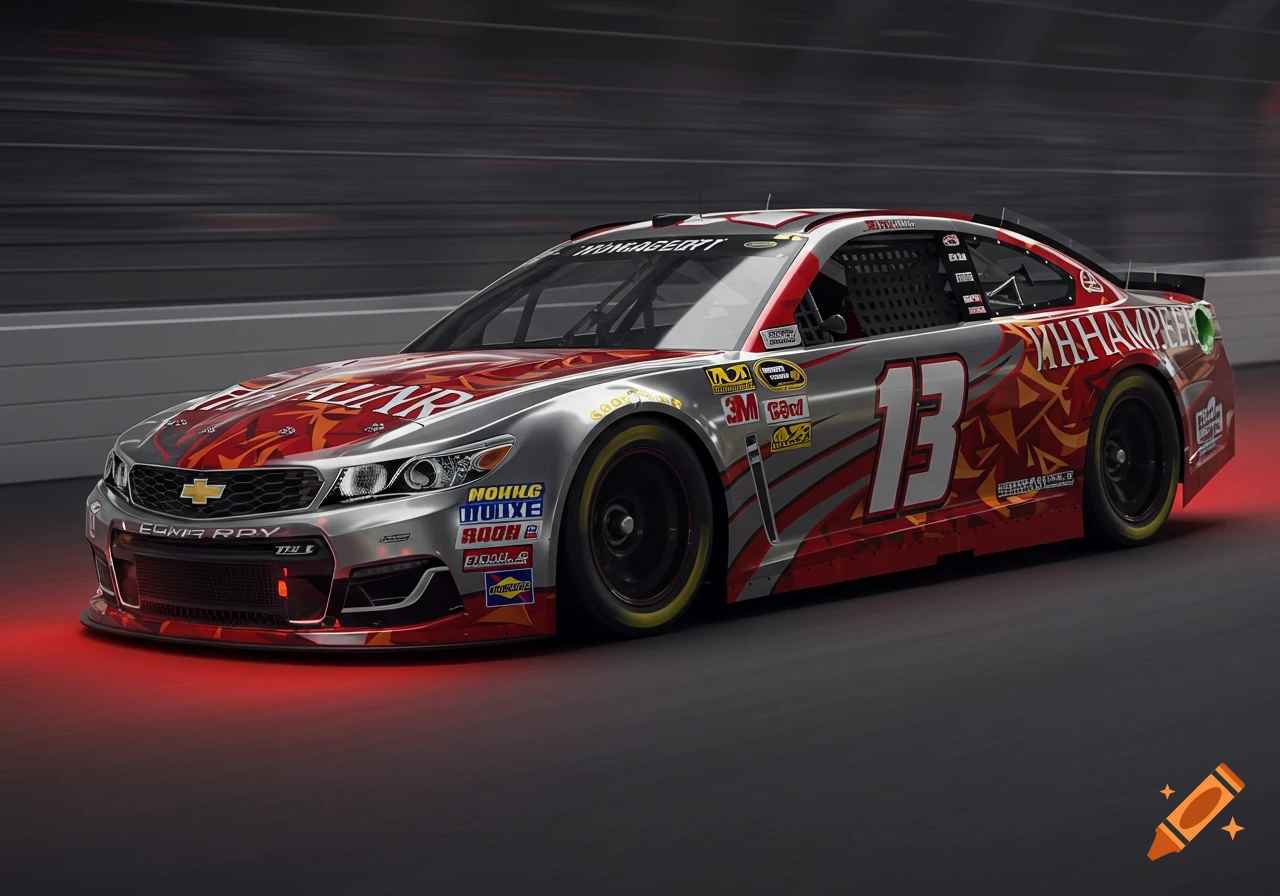 A sleek silver and red NASCAR race car with the number 13, accented with red underglow lighting, speeding on a dark track.