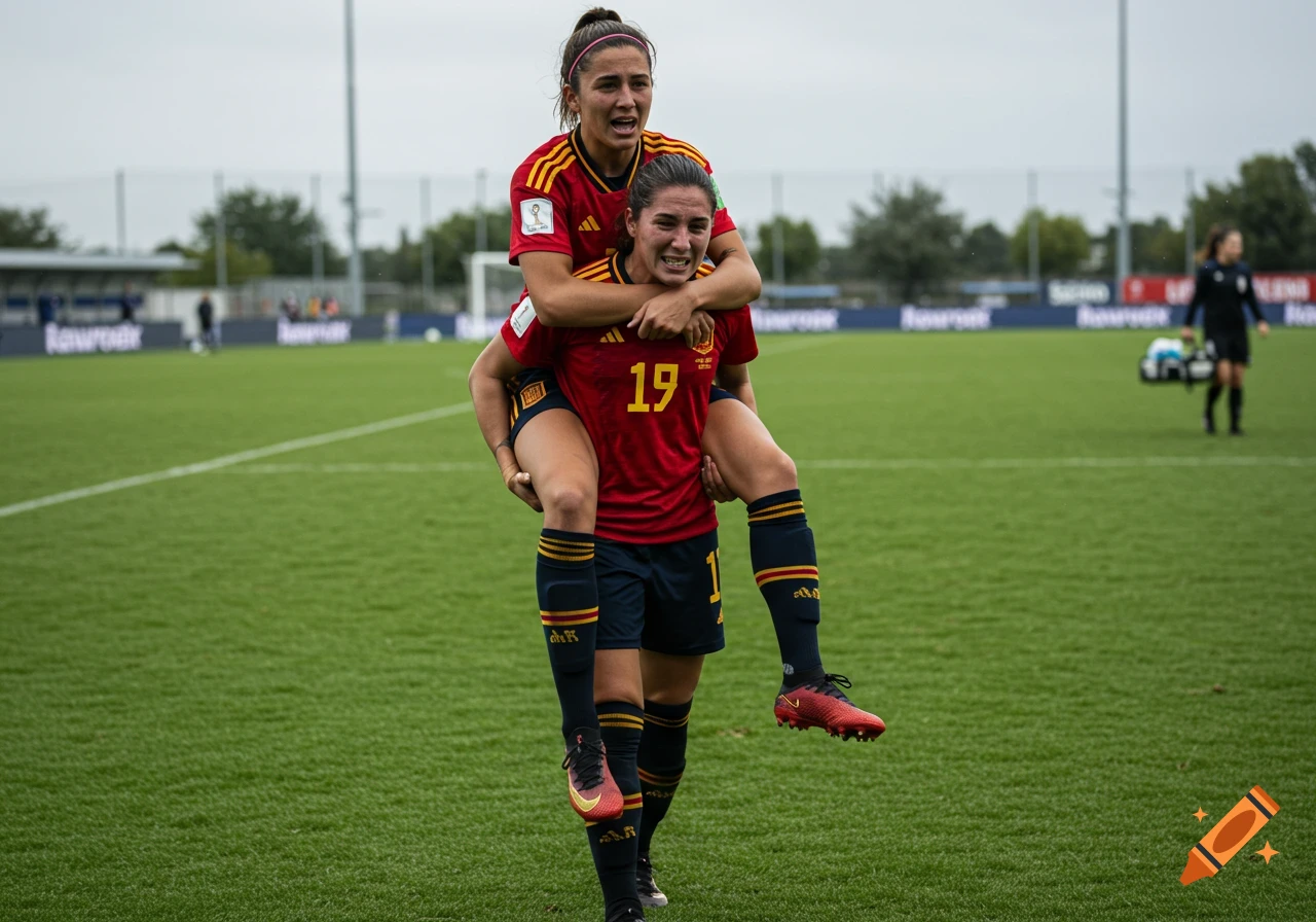Two female soccer players in red Spain jerseys on a green field. One carries an injured teammate on her back.