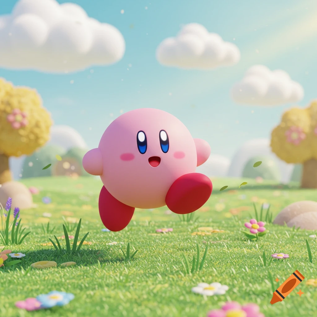 Kirby, a pink character, happily runs through a lush green field filled with flowers and trees under a blue sky.