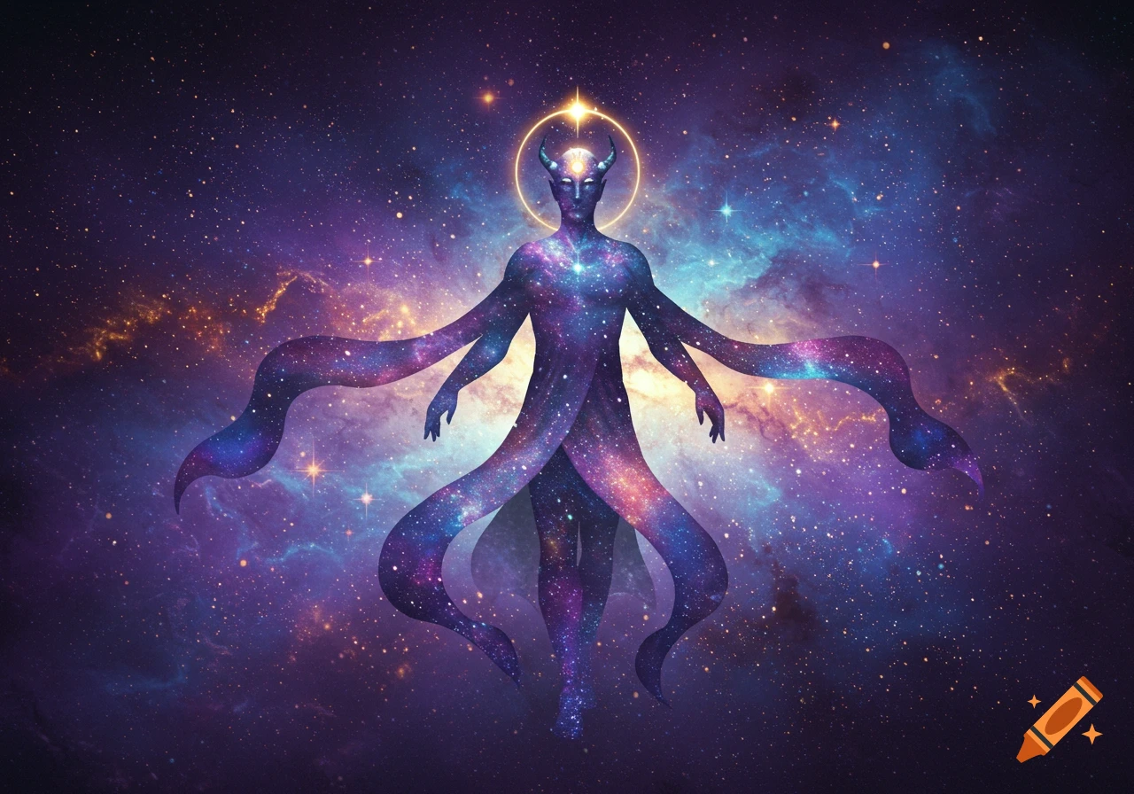 A cosmic deity figure with multiple arms, horns, and a halo, composed of stars and nebulae, floating in a vibrant purple and orange galaxy.