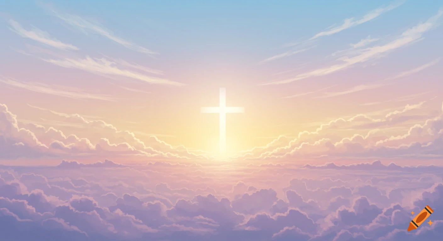 A glowing white cross against a soft pastel sunrise sky with fluffy clouds, evoking a serene Christian devotional theme.