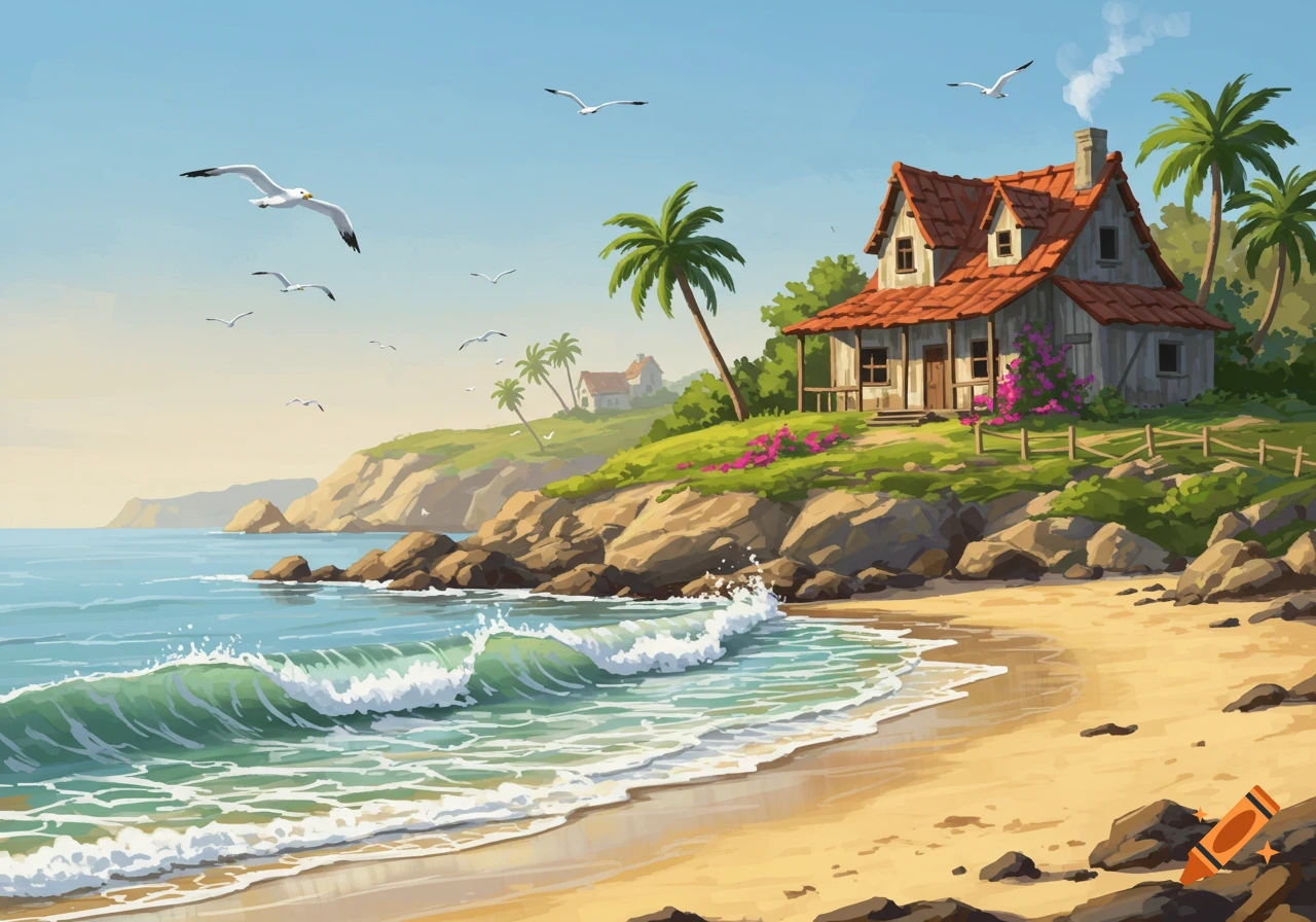 A vibrant illustration of a rustic house on a rocky cliff overlooking a sandy beach with turquoise waves and seagulls flying.