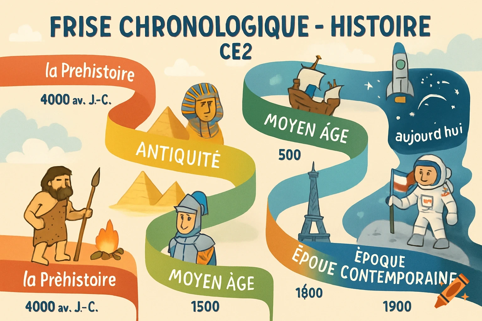 Cartoon history timeline showing eras from prehistory to modern day with figures like a caveman, pharaoh, knight, and astronaut.
