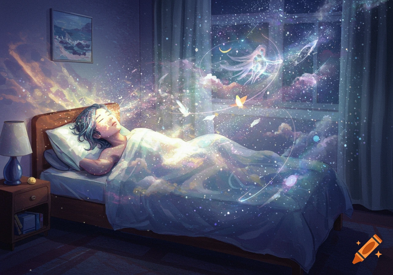 Illustrated person sleeping in a bedroom, surrounded by sparkling dream elements and colorful clouds, depicting lucid dreaming.