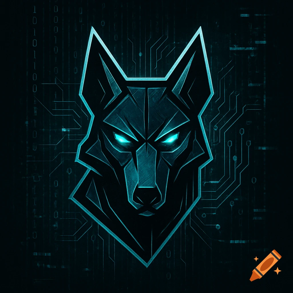 A dark, geometric wolf head logo with glowing teal eyes, set against a background of circuit lines and binary code.