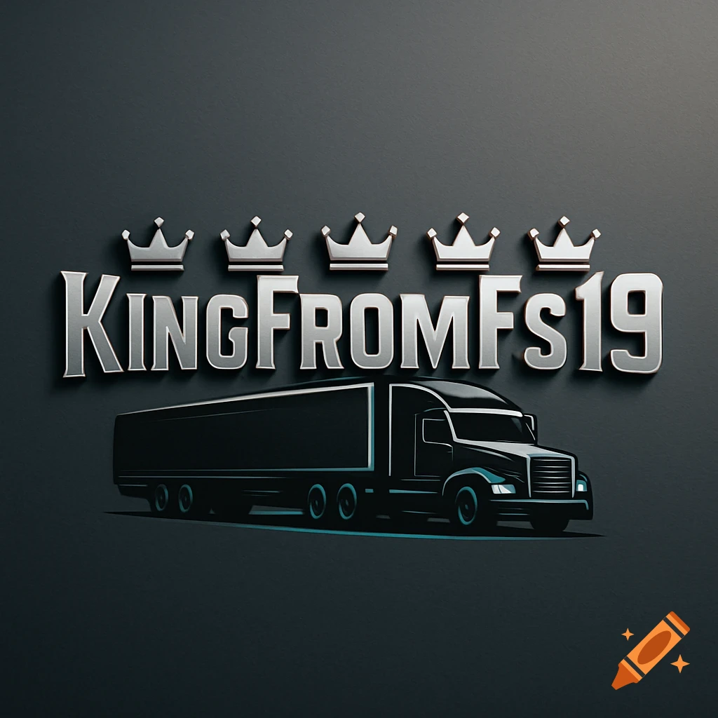 Metallic 3D logo 'KINGFROMFS19' with five crowns above a stylized dark semi-truck and trailer on a dark background.