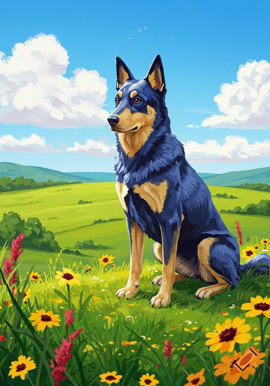 A blue dog with tan markings sits in a vibrant green meadow filled with yellow and red flowers, under a bright blue sky with clouds in an illustrative style.
