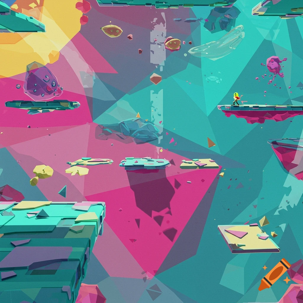 Abstract 2D platformer game scene with a small character on a floating platform, colorful geometric shapes, and stylized alien creatures.
