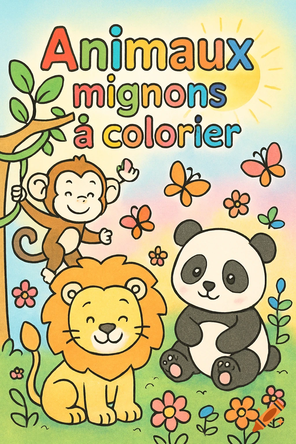 A colorful cartoon coloring book cover featuring a monkey, lion, and panda with butterflies and flowers, titled 'Animaux mignons à colorier'.