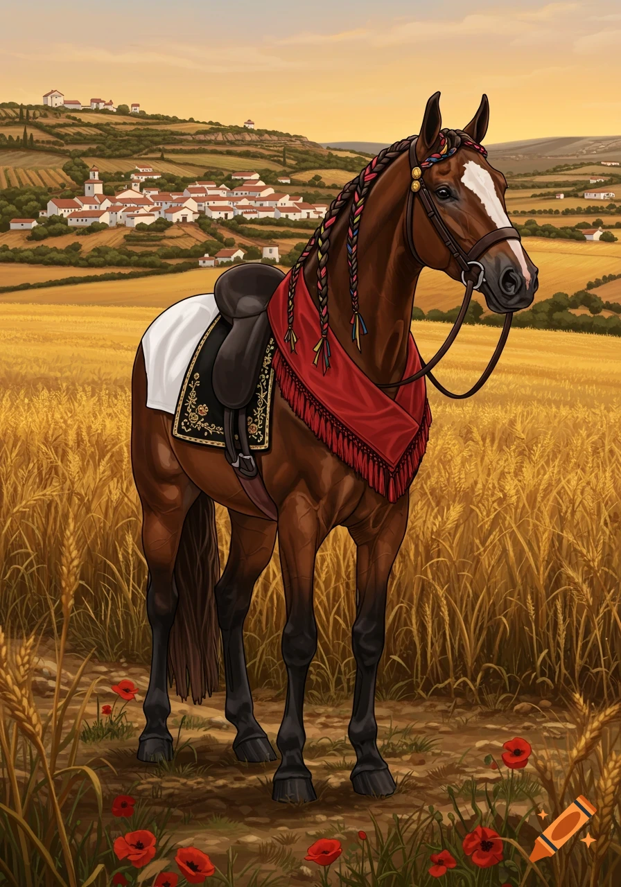 An illustrative brown horse with a red fringed saddlecloth and braided mane stands in a golden wheat field with red poppies, a village in the background at sunset.