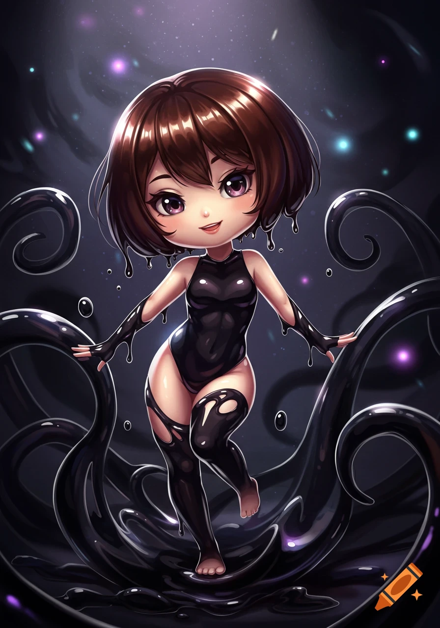 Chibi anime girl with brown hair and purple eyes in a black slime leotard, emerging from black goo with tentacles in a dark, glowing setting.