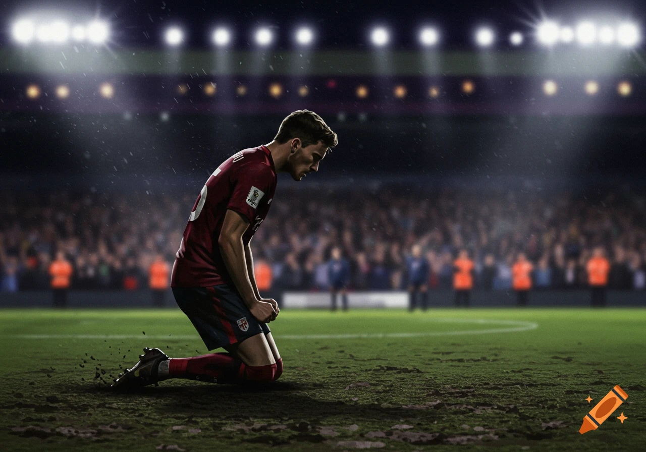A distressed male footballer in a red jersey kneels on a muddy field in a brightly lit stadium at night, photorealistic.