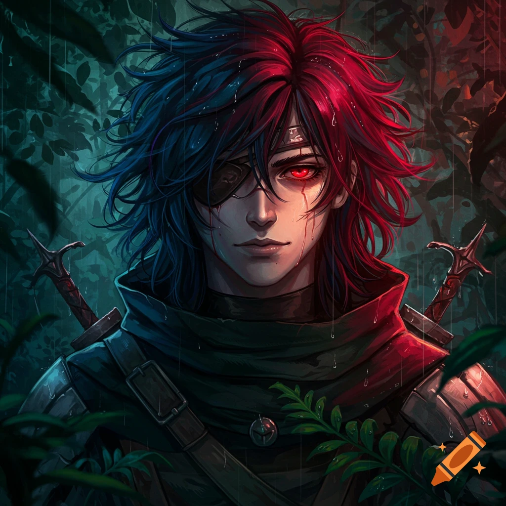 High-detailed anime art of a young man with messy blue and red hair, glowing red eye, eyepatch, and scars, wearing a dark cloak with swords in a rainy forest.
