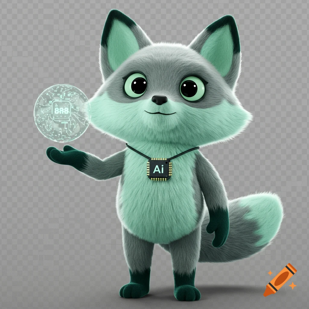 A friendly, stylized silver-mint fox mascot with green eyes wears an AI chip pendant and holds a glowing data orb, 3D render.