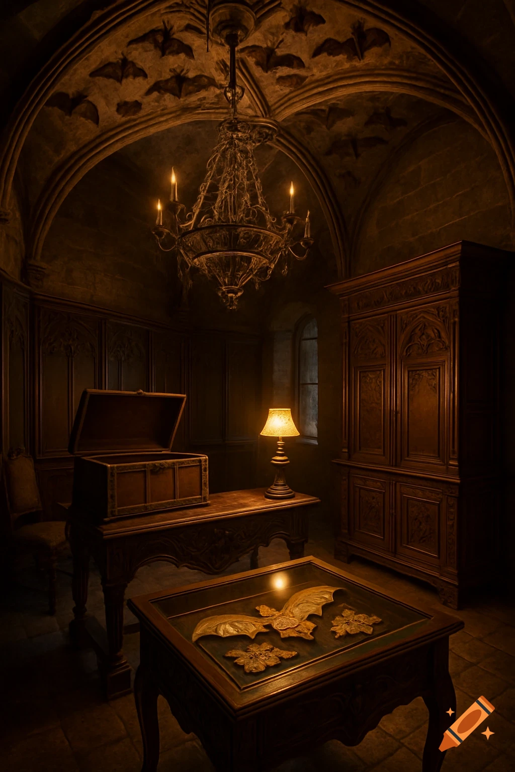 A dimly lit gothic room with a chandelier, an open chest, a wardrobe, and a table with golden bat decorations. Bats adorn the arched ceiling.