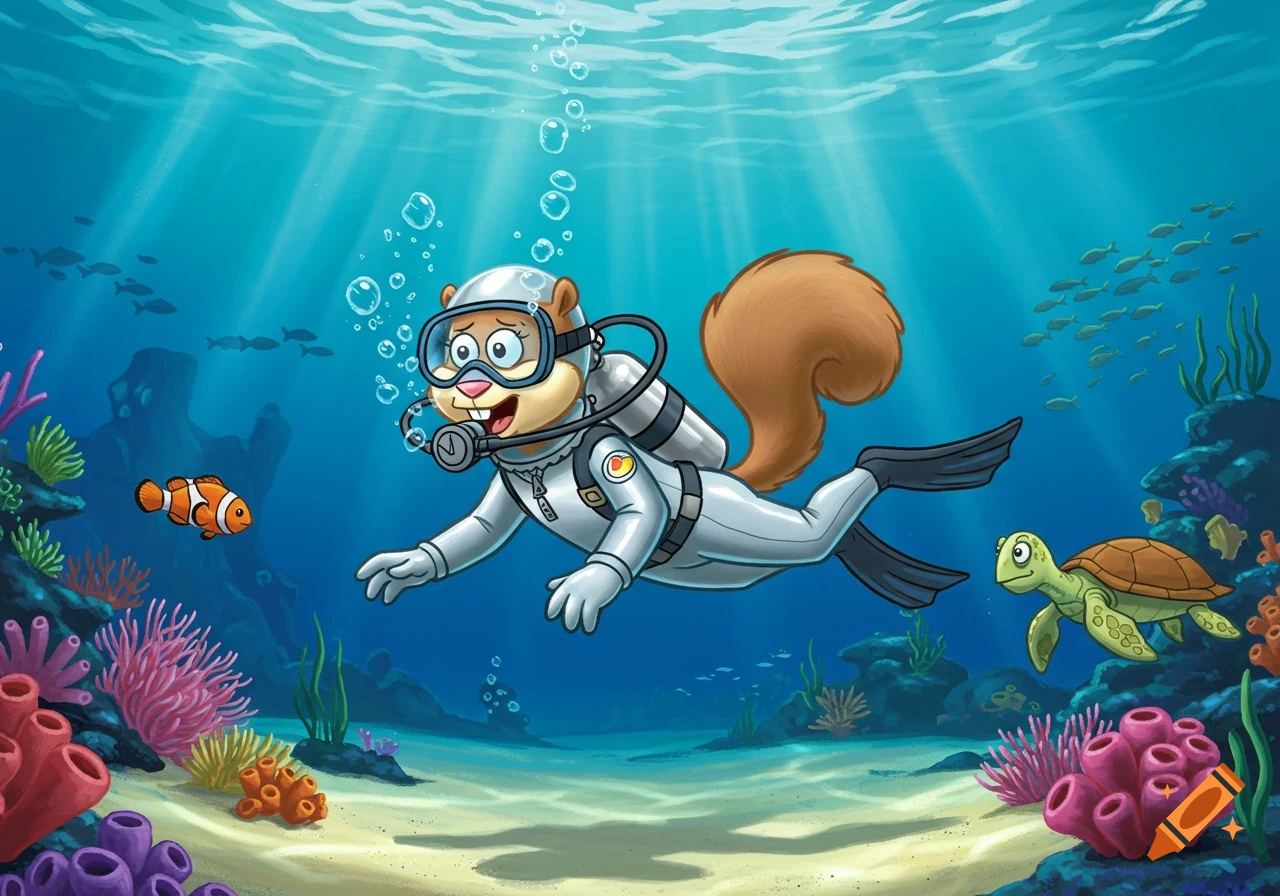 Cartoon squirrel Sandy Cheeks scuba diving in a vibrant ocean reef with a clownfish and sea turtle.
