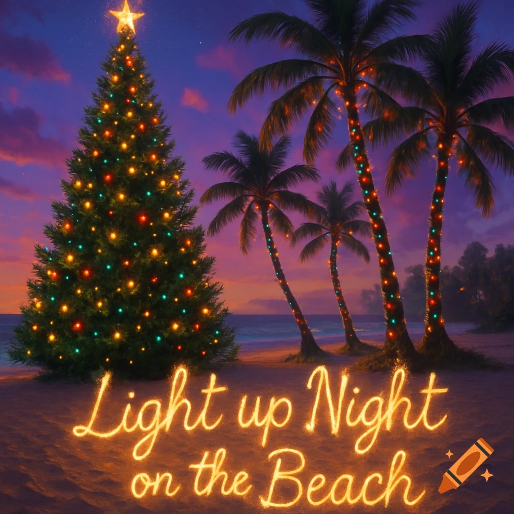 A brightly lit Christmas tree and palm trees adorned with lights stand on a beach at sunset, with glowing text on the sand.