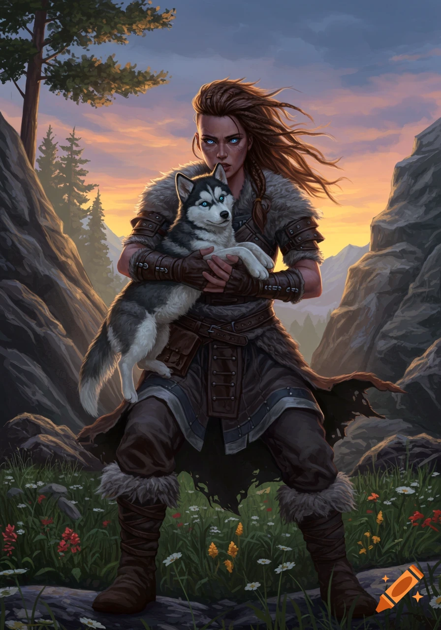 A strong female berserker with braided hair and fur armor holds a husky puppy against a sunset mountain backdrop.