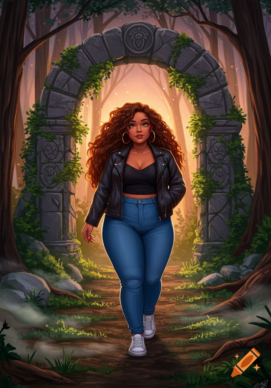 An illustrated plus-size woman with long curly hair, wearing a black top, biker jacket, and jeans, walks through a mystical forest arch.