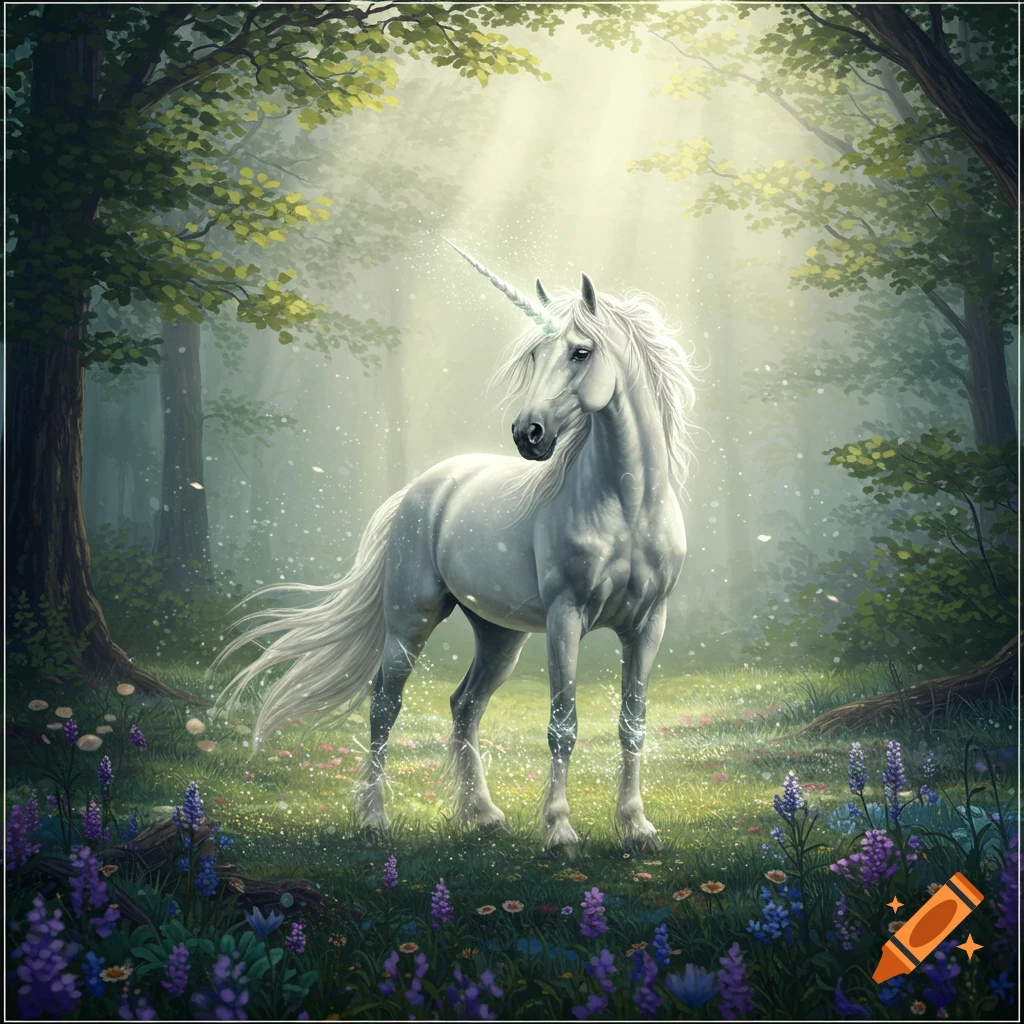 A majestic white unicorn with a spiraled horn stands in a sun-dappled magical forest clearing among purple flowers.