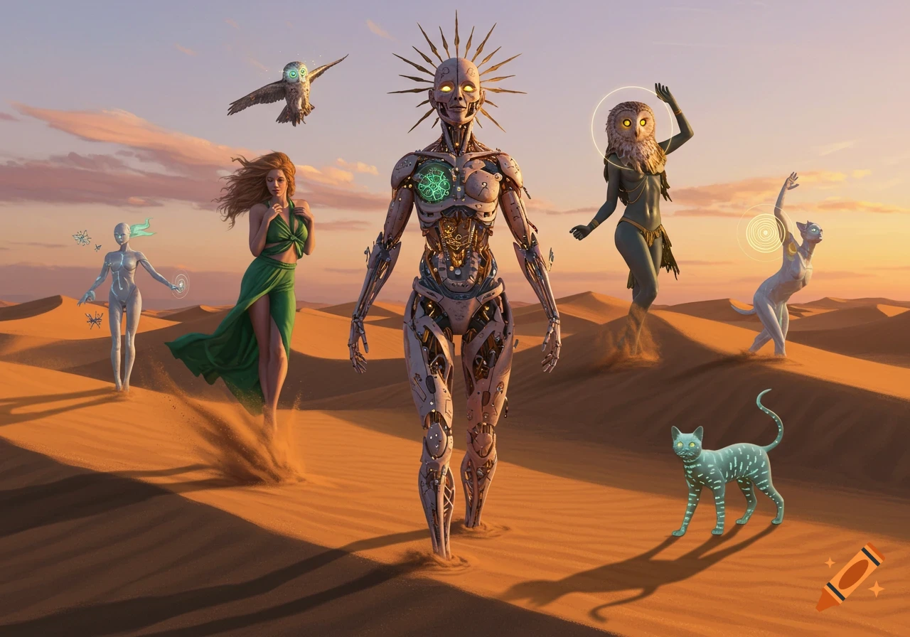 A cyborg, a woman in a green dress, an owl-headed humanoid, and other mystical creatures stand on desert dunes at sunset in a detailed digital artwork.