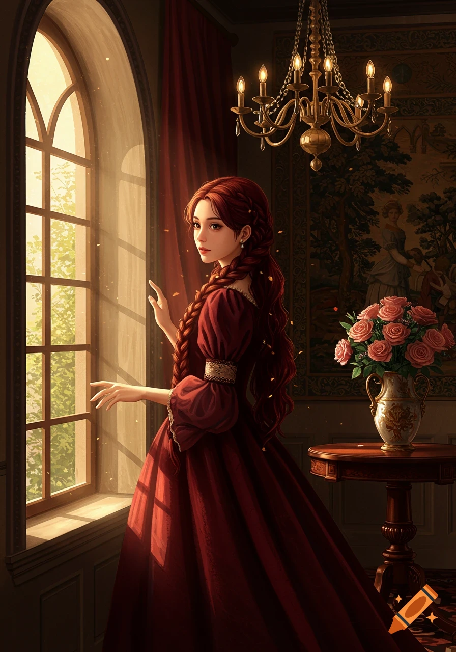 A red-haired woman in a flowing dark red gown stands by a sunlit arched window in a lavish Renaissance-style room.