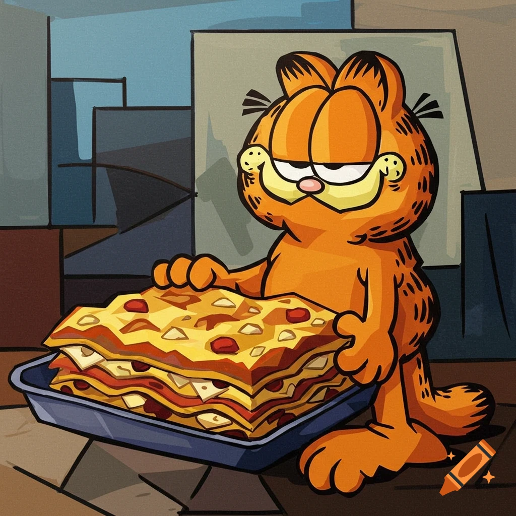 Garfield, the orange cartoon cat, holds a large tray of lasagna in a geometric, Picasso-inspired style.