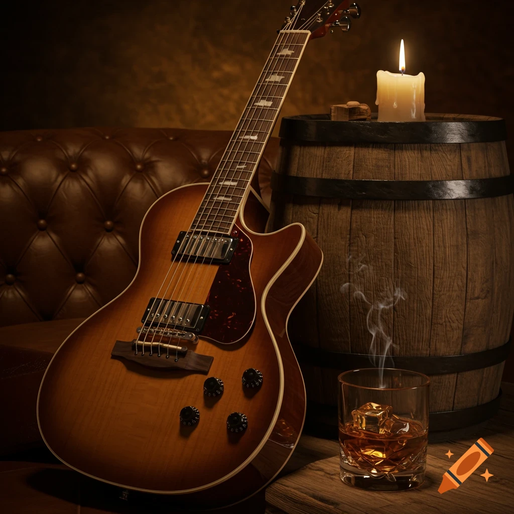 A brown electric guitar leans against a tufted leather couch, next to a wooden barrel with a lit candle and a glass of whiskey.