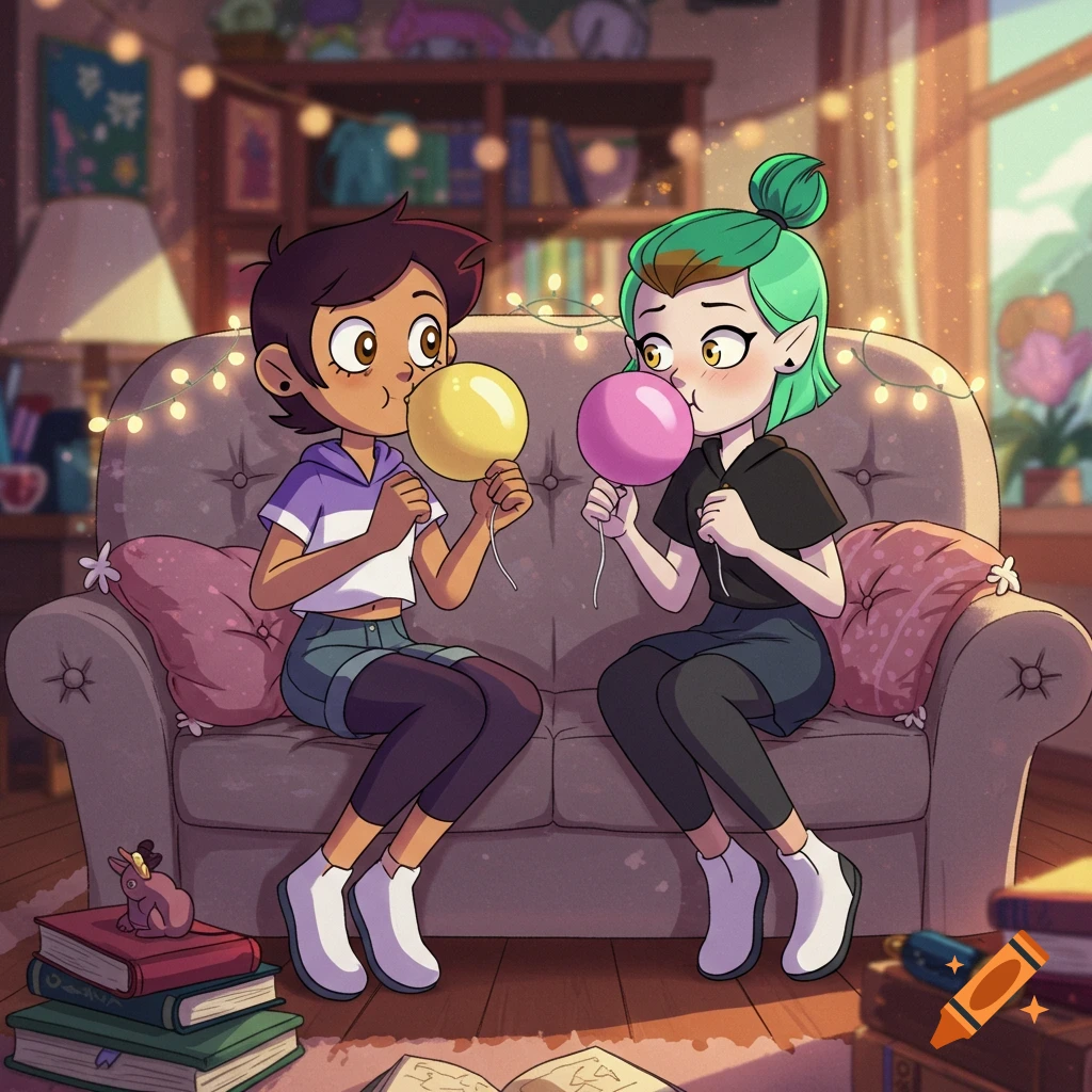 Two cartoon girls, Luz Noceda and Amity Blight, sit on a couch blowing balloons in a cozy, brightly lit room.