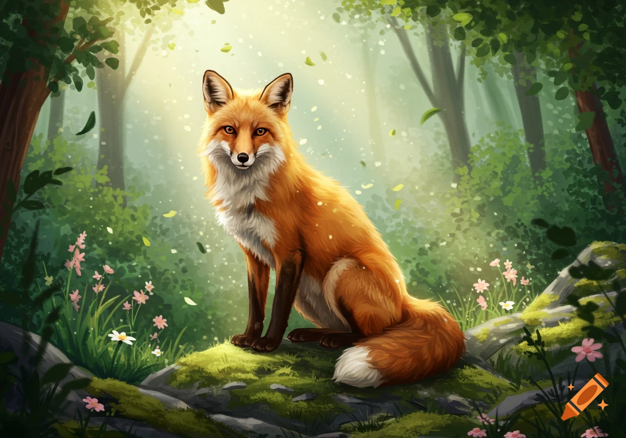 A red fox with white markings sits on a mossy rock in a sun-dappled green forest, digital art.