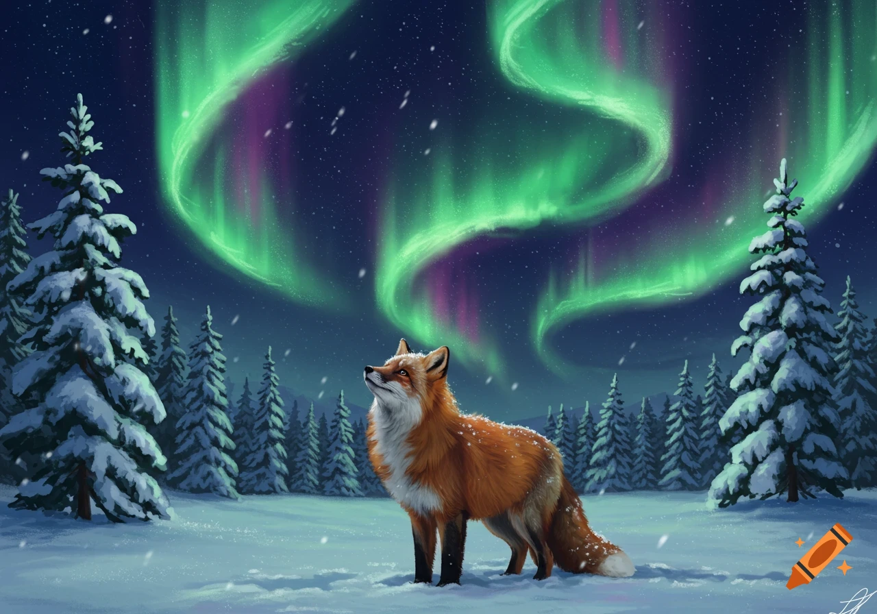 A red fox stands in a snowy forest, looking up at the vibrant green and purple northern lights in the night sky.