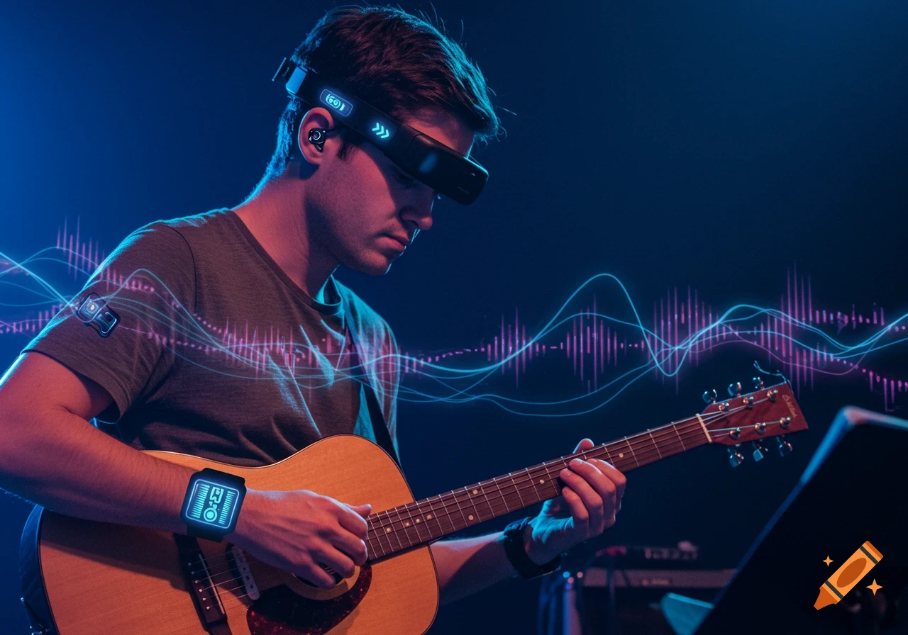 A musician plays an acoustic guitar, wearing a futuristic sensor headband and wristband, with glowing sound waves in a blue and purple lit scene.