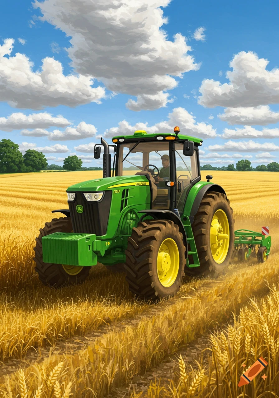 A green John Deere tractor driven by a farmer works a golden wheat field under a blue sky with white clouds in an illustrative style.