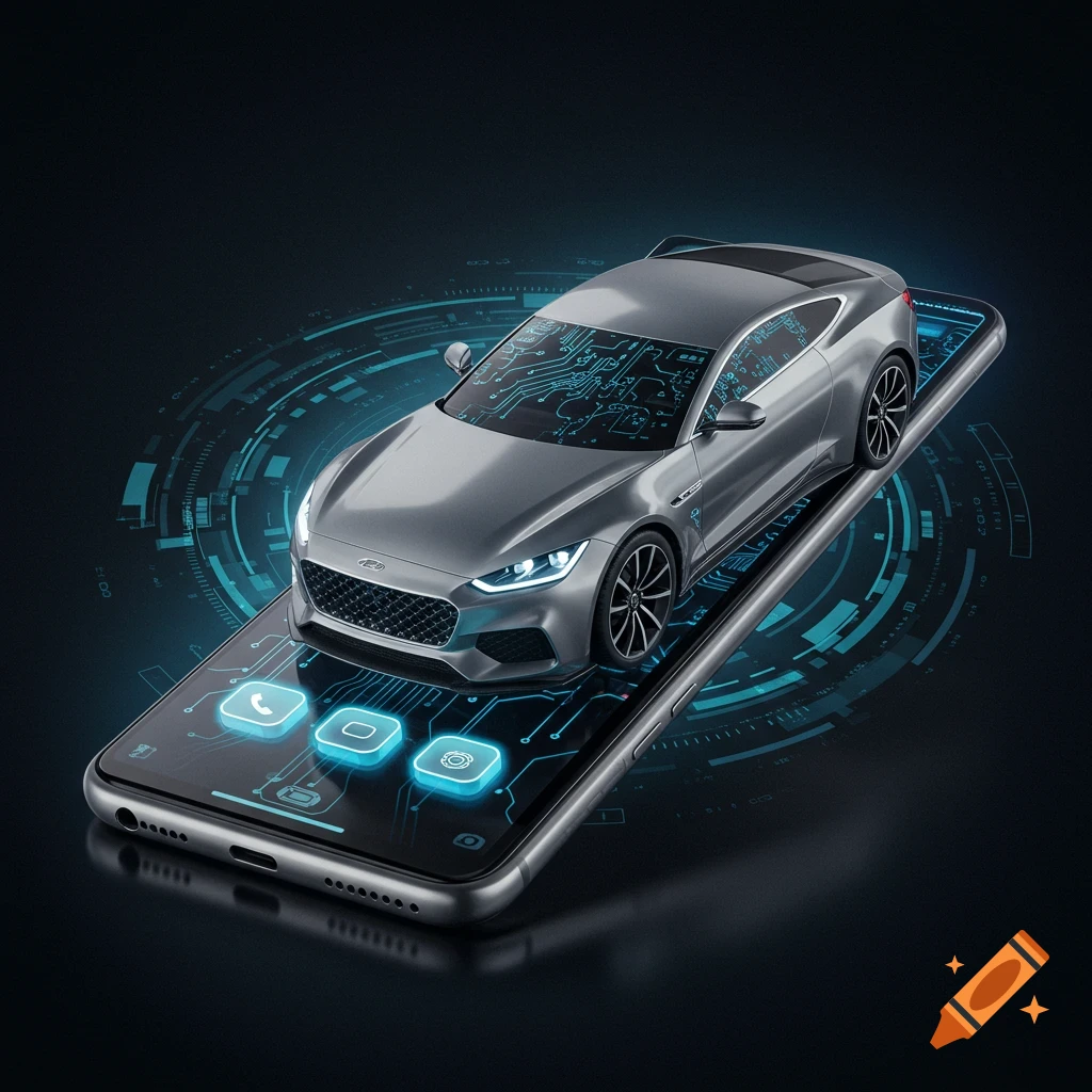 A silver sports car with circuit patterns on its windshield resting on a smartphone, surrounded by glowing blue digital tech elements on a dark background.