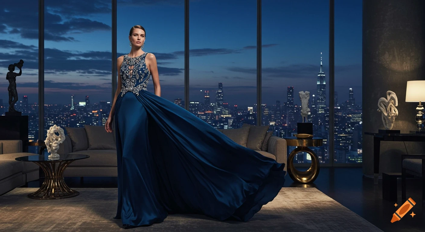 A woman in an elaborate blue gown poses in a luxurious high-rise apartment with a city skyline at night.