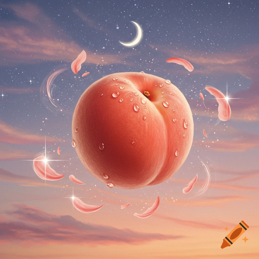 A large dewy peach floats in a dreamy sky with pink clouds, stars, a crescent moon, and sparkling ethereal elements.