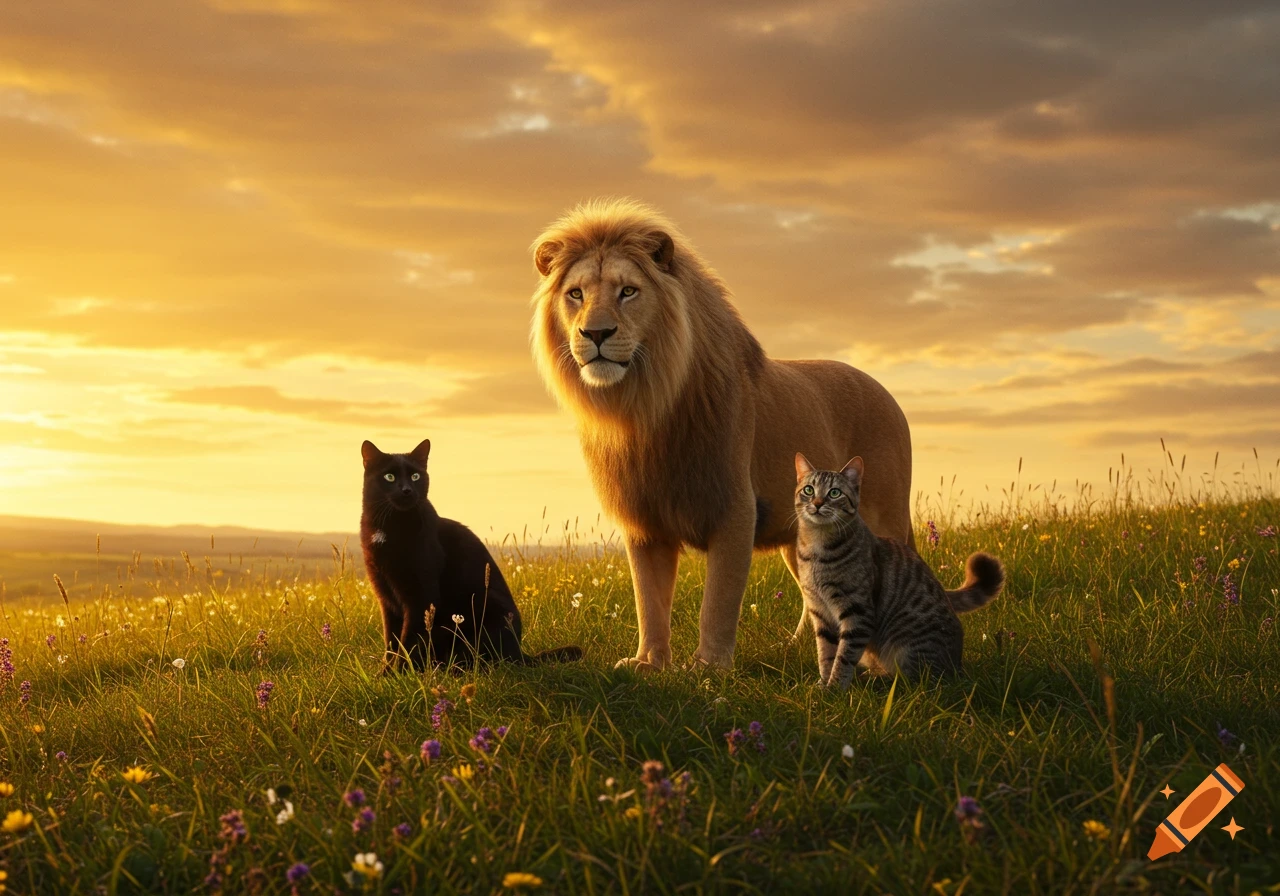 A majestic lion stands between a black cat and a tabby cat in a sunlit, grassy field under a golden sunset sky.