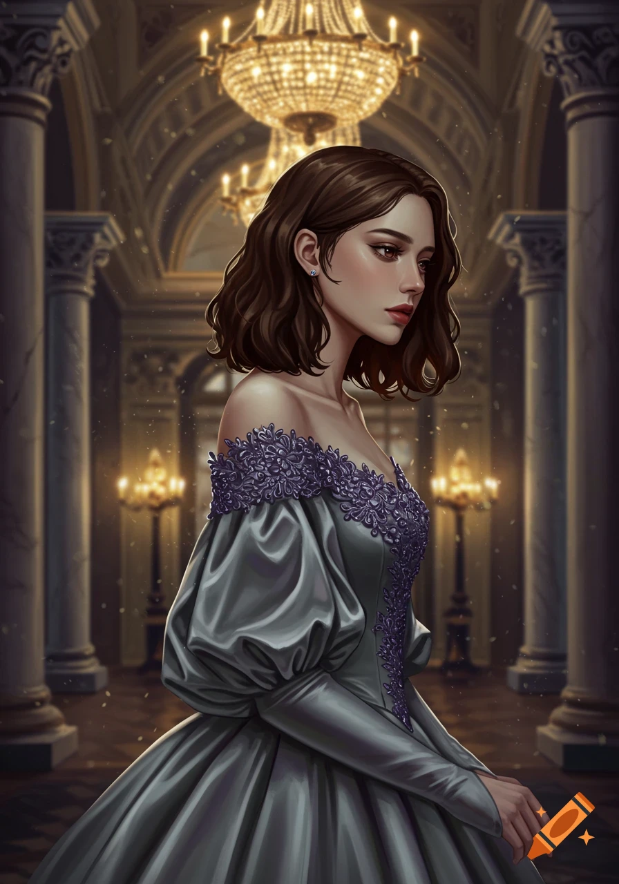 Illustration of a noble lady with brown hair in a gray and purple off-shoulder gown standing in a grand hall with chandeliers.