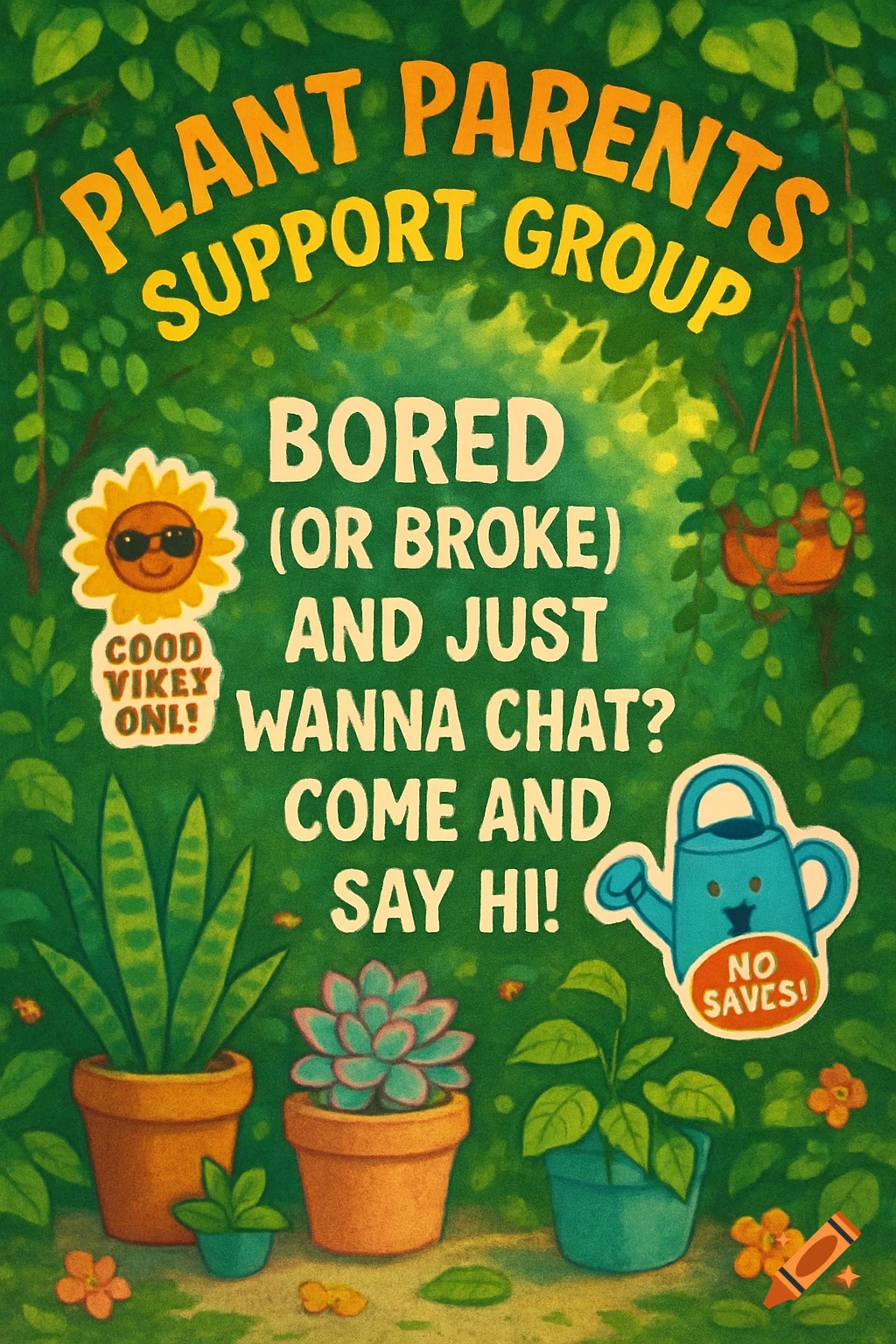 A vibrant green poster for a 'Plant Parents Support Group' with various potted plants, a watering can, and a sunflower character.