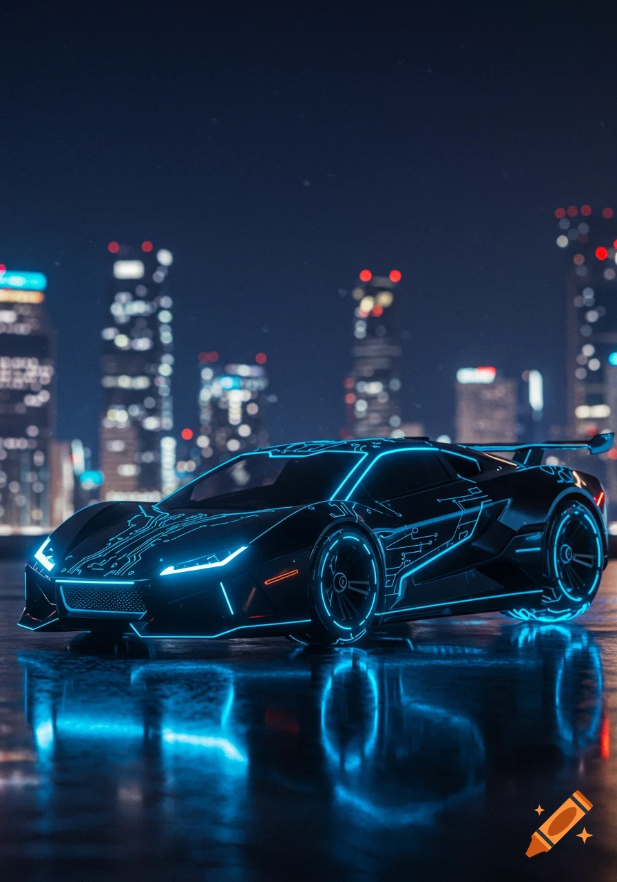 A sleek black futuristic car with glowing blue neon circuit patterns, reflected on a wet surface with a blurred city skyline at night.