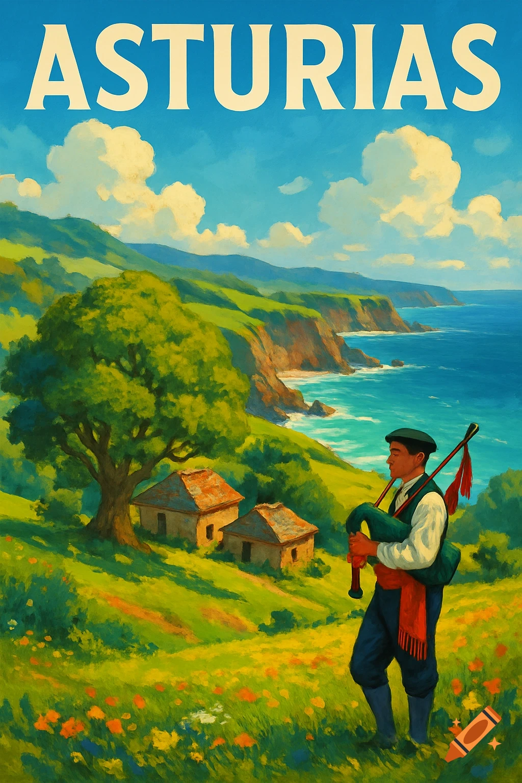 Vibrant travel poster of a man playing bagpipes in a lush green coastal landscape, with the word ASTURIAS at the top.