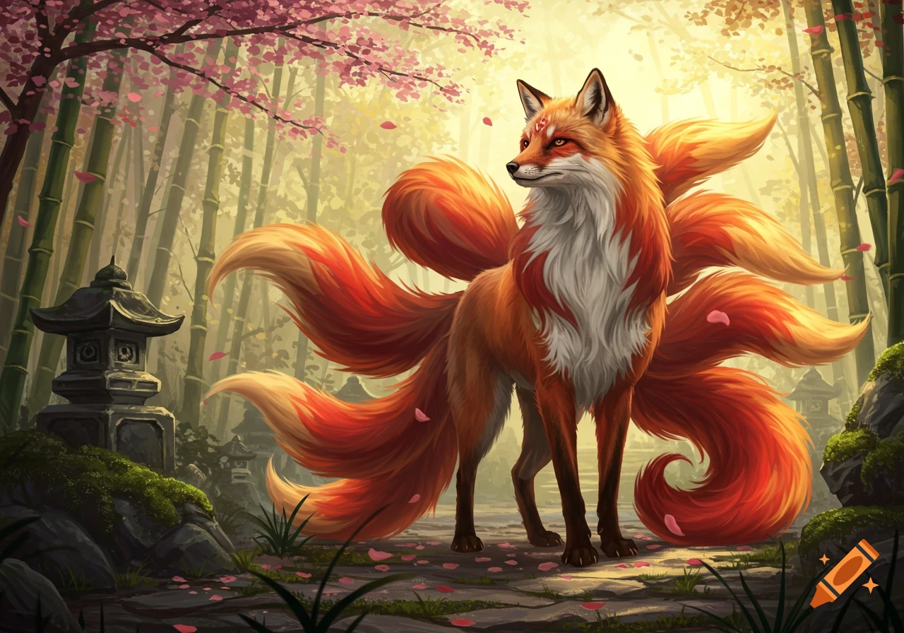 A majestic orange and white kitsune, a nine-tailed fox, stands in a serene bamboo forest with pink cherry blossoms and a stone lantern.
