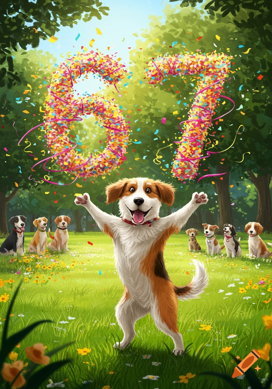 A happy dog stands with paws raised, surrounded by other dogs in a park with confetti "67" overhead, celebrating.