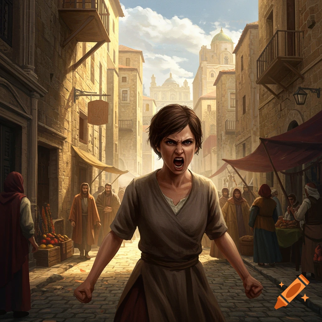 An angry woman with short brown hair stands in the middle of a bustling, sunny medieval city street.