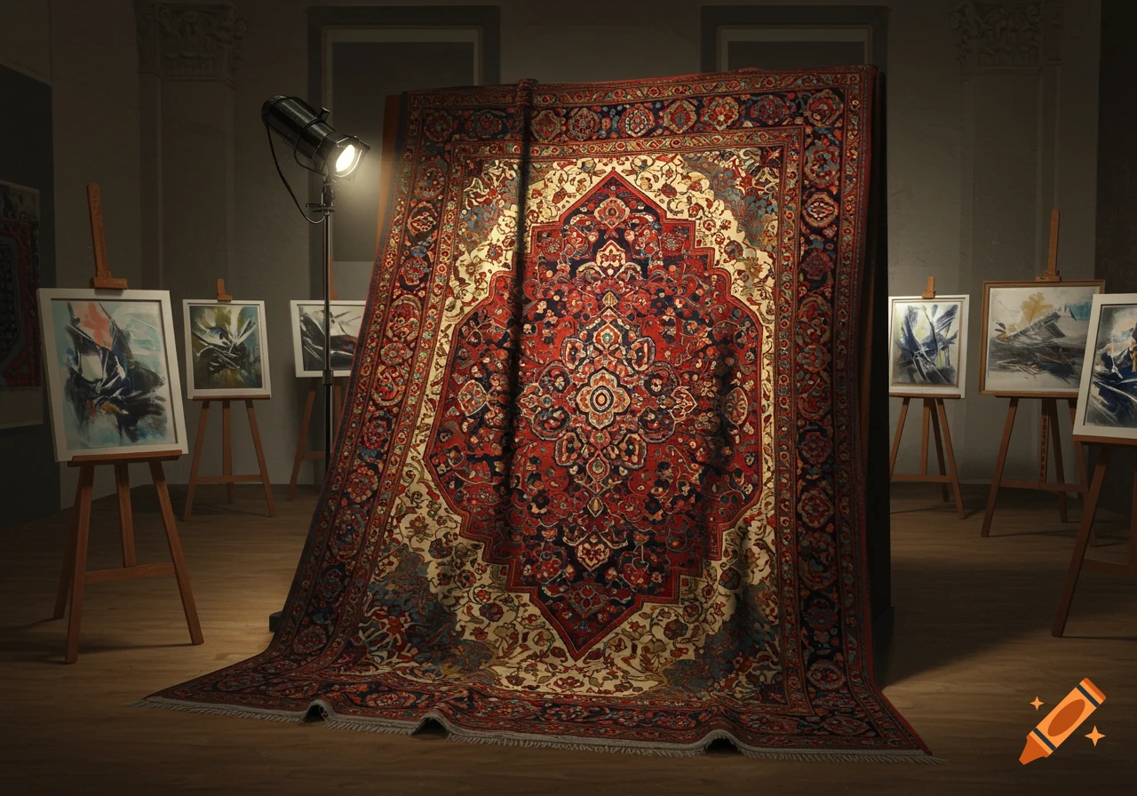 An ornate red and cream Persian rug displayed in a dimly lit art gallery, surrounded by easels with abstract paintings, under a spotlight.
