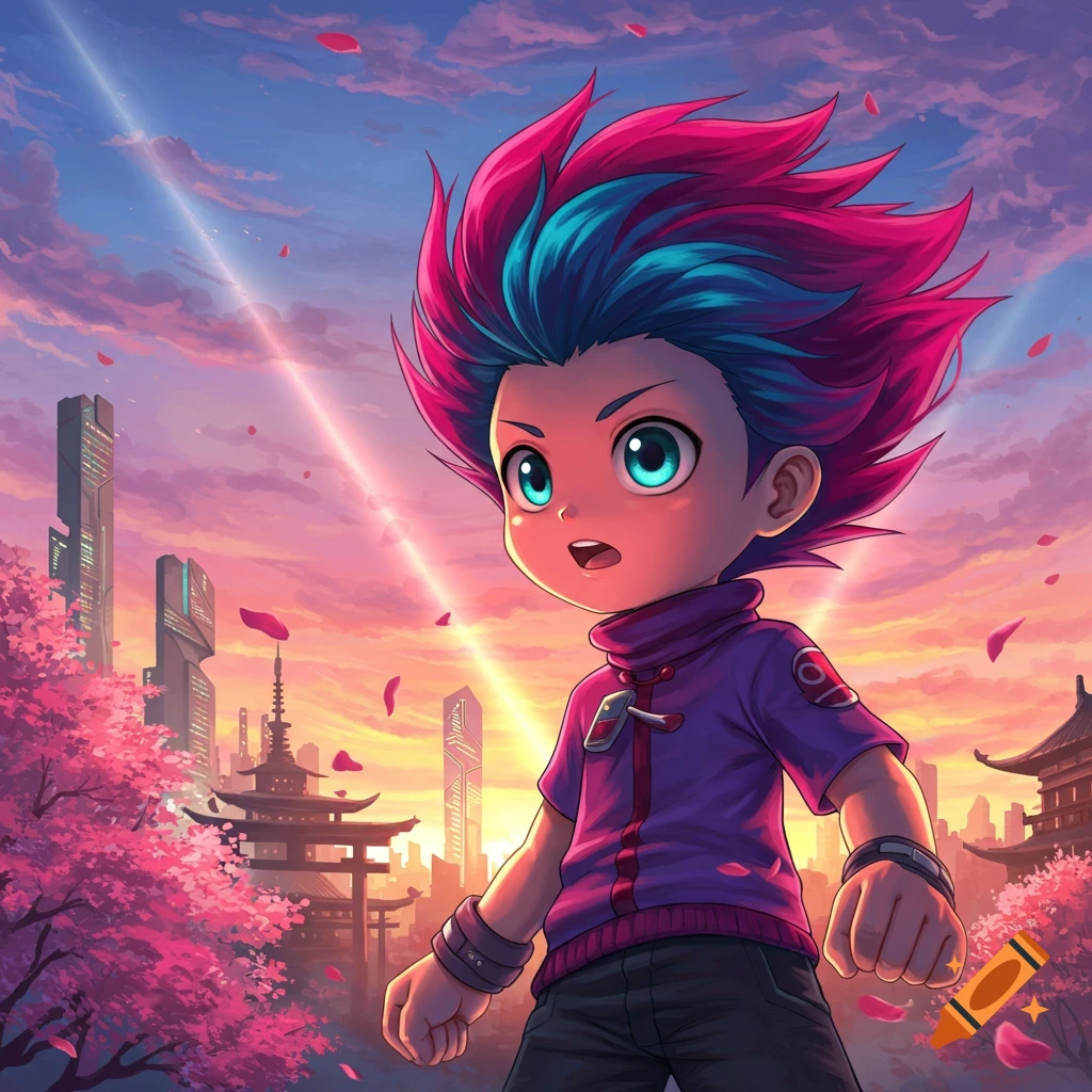 A vibrant anime boy with pink and blue spiky hair and large blue eyes stands in a city filled with cherry blossoms and pagodas at sunset, with light rays in the sky.