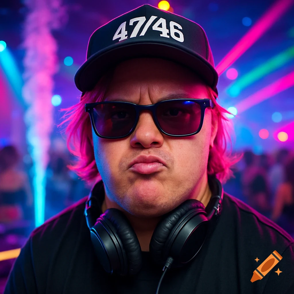 A photorealistic close-up of a pouting DJ wearing sunglasses, a black cap with "47/46", and headphones, in a vibrant nightclub with neon lights and smoke.
