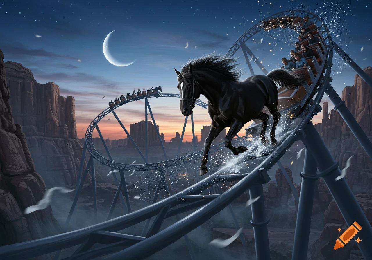 A black horse leaps on a roller coaster track in a starry desert canyon at night, with riders in a car behind it.