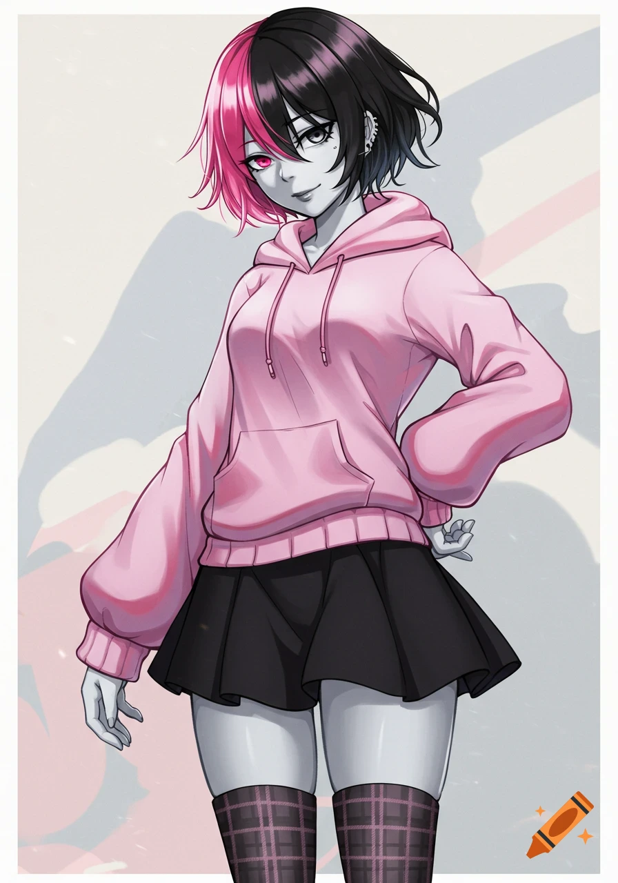 Anime character with short black and pink hair, wearing a pink hoodie, black skirt, and plaid high socks, smiling slightly.