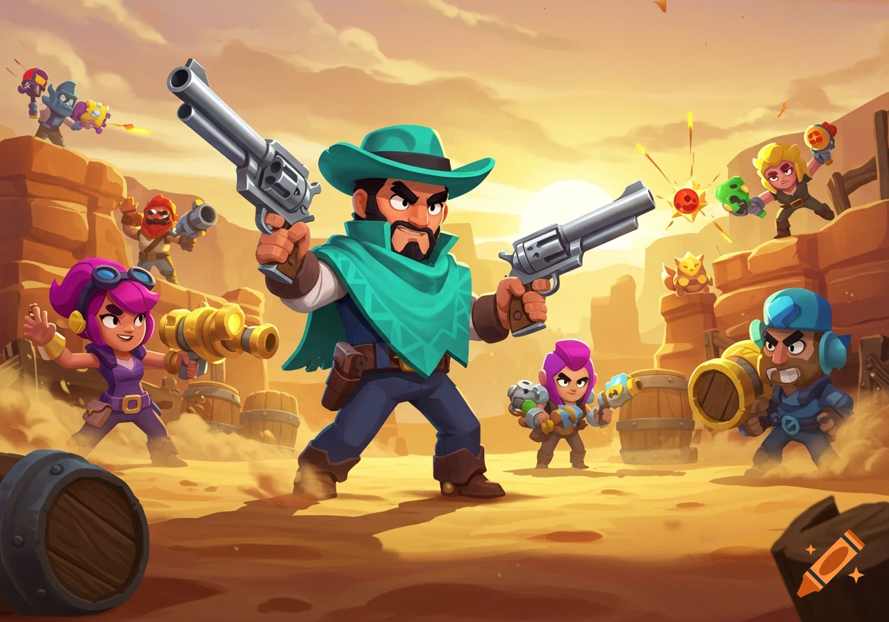 Cartoon western characters in a desert shootout. A man in a teal hat holds two revolvers, surrounded by other armed characters.